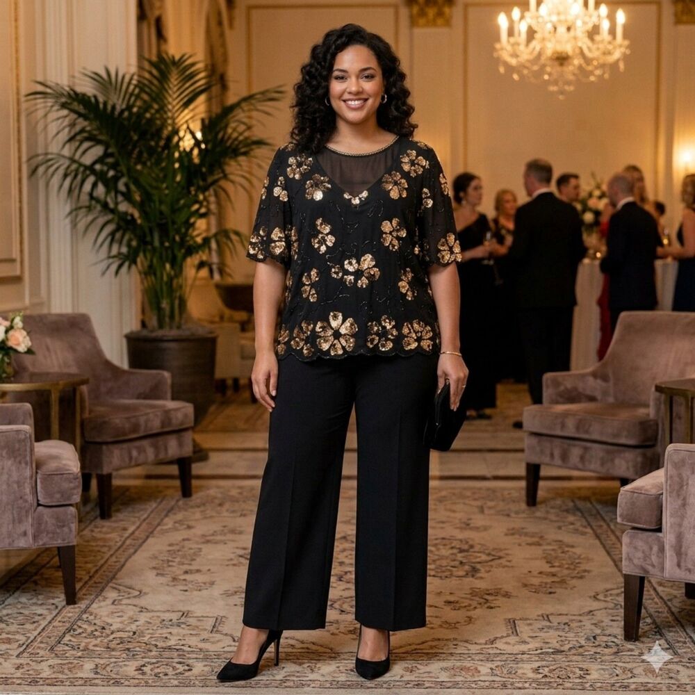 VTG Laurence Kazar Black Silk Dress Blouse Gold Sequin Beaded Cocktail 16 XL 1X